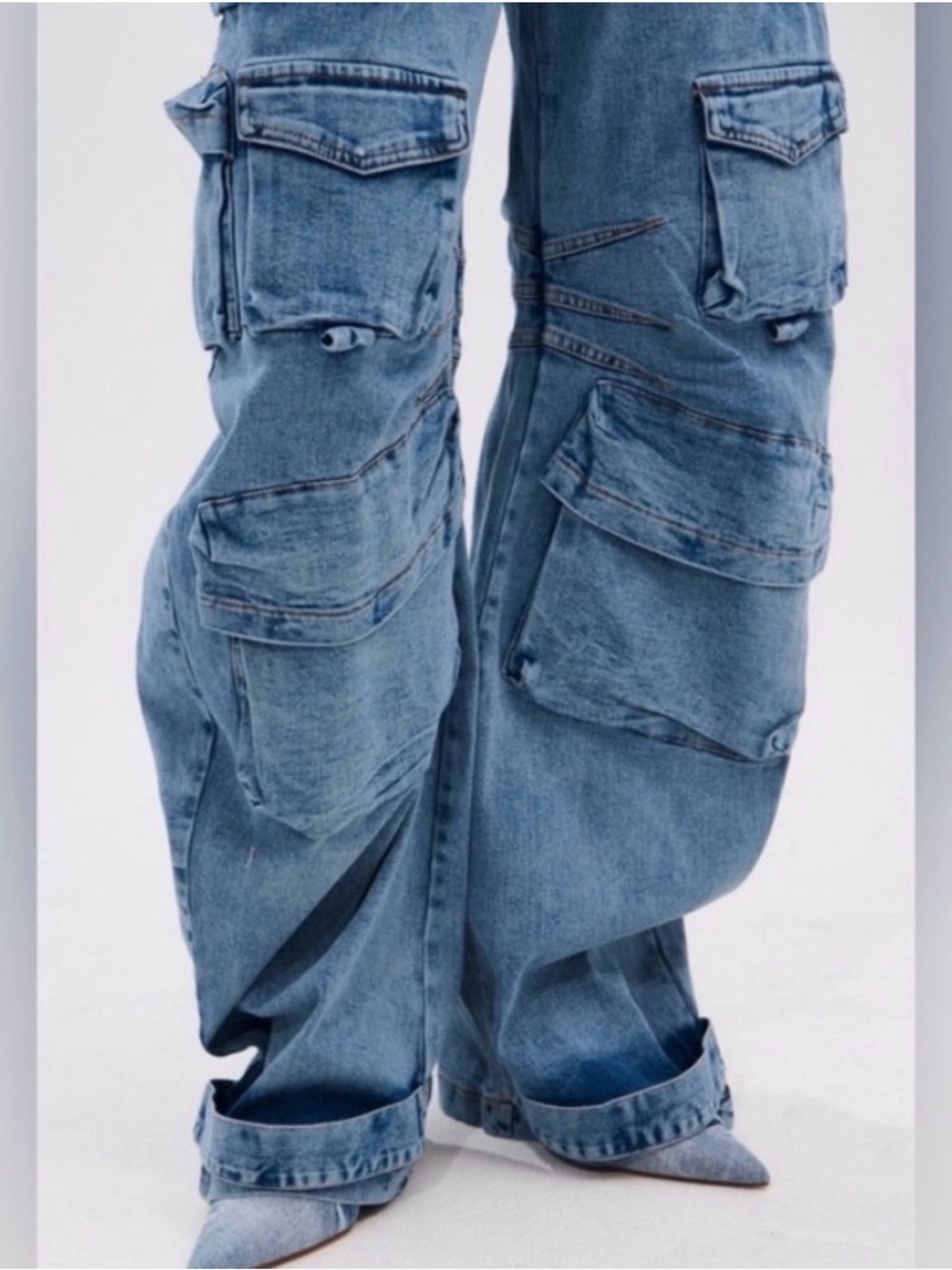 AKIRA Off-Shoulder Denim Cargo Jumpsuit in Medium Blue - Picture 4 of 8